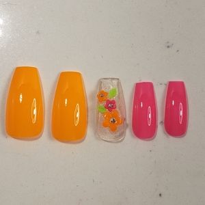 Custom Gel Press on Nails Handmade 20pc set Neon glow in dark 3D flowers pink